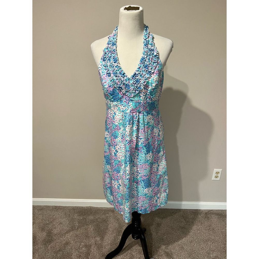 Lilly Pulitzer Dress blue/pink/white sleeveless ruffle size 10